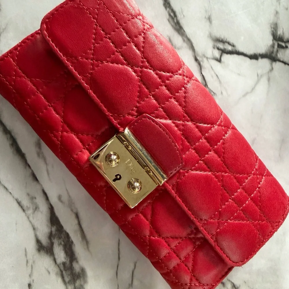 Dior Red Quilted Cannage Lambskin Wallet with Gold Hardware